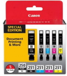 Canon PGI-250 & CLI-251 (5 Pack) High Yield (Original and Reman) Ink Cartridges.  Package Includes PGI-250 Black, CLI-251 Black, Cyan, Magenta and Yellow Ink Cartridges