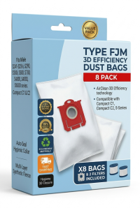8-Pack Type FJM AirClean 3D Efficiency Vacuum Bags for Miele Compact C1, C2, and S Series – Includes 2 Filters
