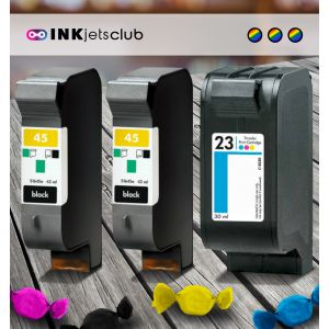 3 Pack HP 45 & HP 23 Ink Cartridge Value Pack. Includes 2 HP 45 Black & 1 HP 23 Color Compatible  Ink Cartridges