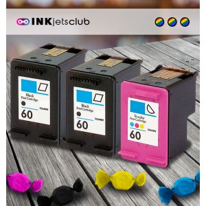 3 Pack - HP 60 Ink Cartridge Value Pack. Includes 2 Black + 1 Color Compatible  Ink Cartridges