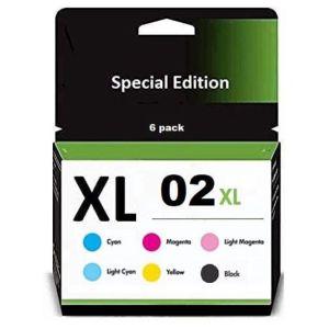6 Pack - HP 02 Ink Cartridge Value Pack. Includes, 1 Black, 1 Cyan, 1 Magenta, 1 Yellow, 1 Light Cyan, 1 Light Magenta Compatible  Ink Cartridges