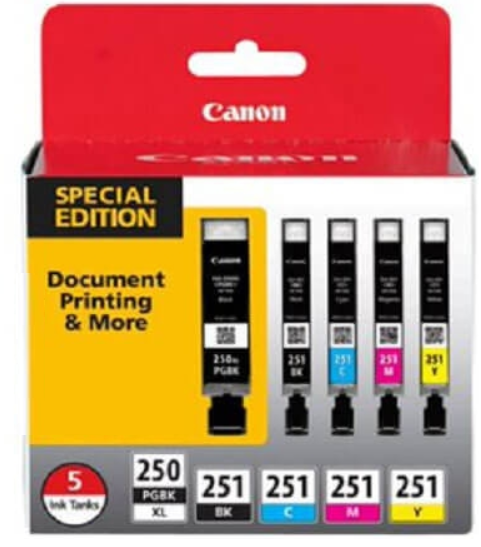 Canon PGI-250 & CLI-251 (5 Pack) High Yield (Original and Reman) Ink  Cartridges. Package Includes PGI-250 Black, CLI-251 Black, Cyan, Magenta  and 